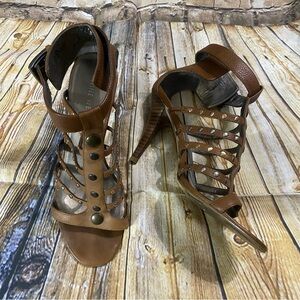 Nine West NWJAMIL Brown Leather 3 1/2” Gladiator Heels Size 6